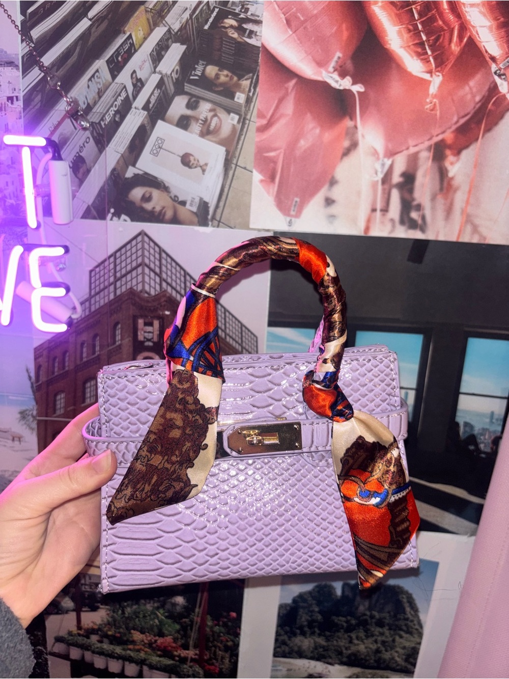Lavender Croc-Embossed Top-Handle Bag with Scarf Accent